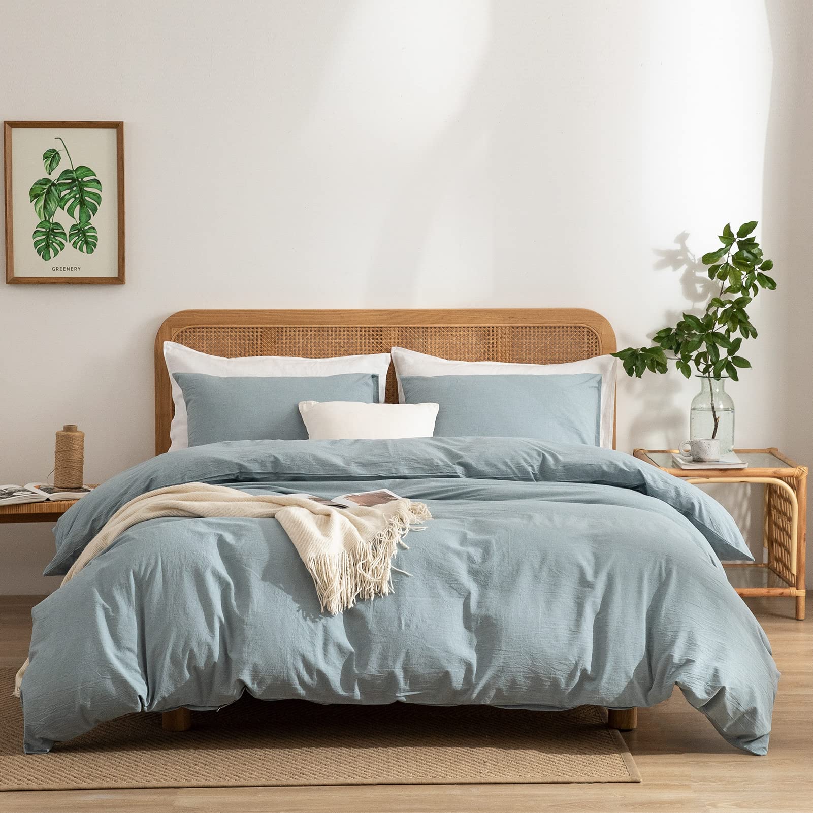 Light Blue Duvet Cover Queen, 100% Washed Cotton Linen Like Textured 3 Pieces Bedding Set, Solid Color Simple Style Luxury Relax